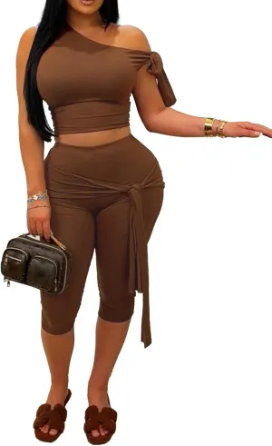 CXXQ Sexy 2 Piece Outfits Off Shoulder Self Tie Crop Tops and Capri Legging Set Tracksuits Clubwear