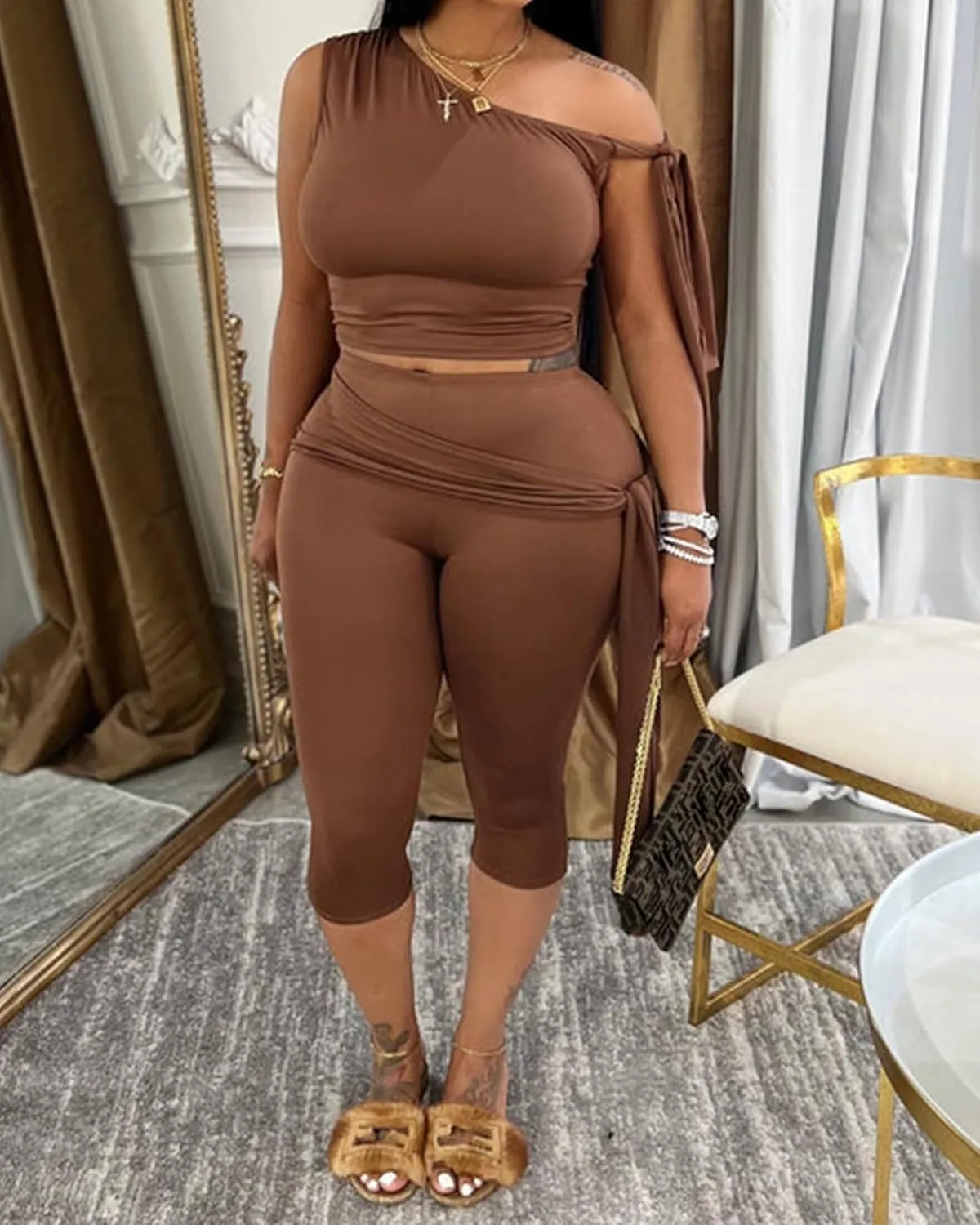 CXXQ Sexy 2 Piece Outfits Off Shoulder Self Tie Crop Tops and Capri Legging Set Tracksuits Clubwear
