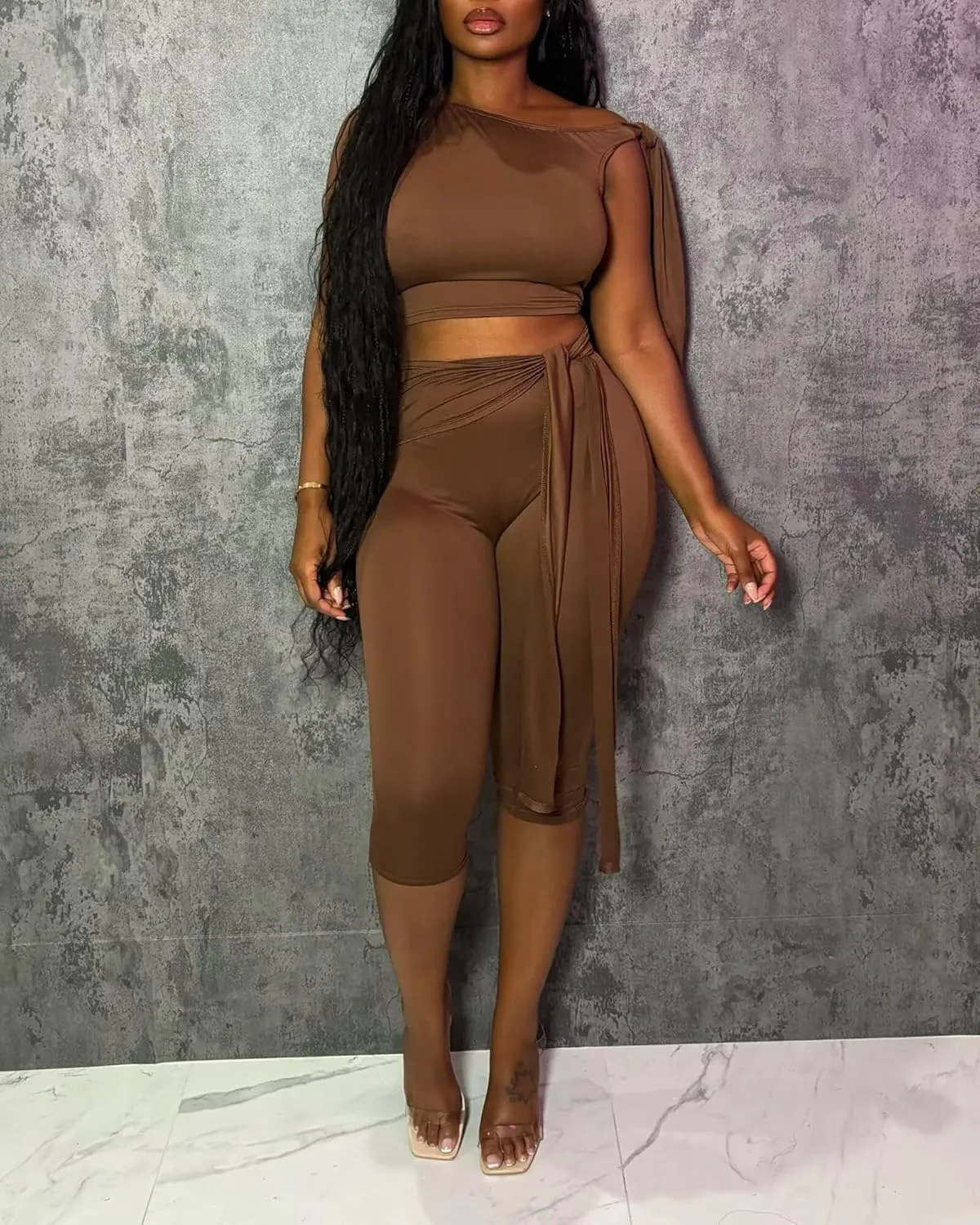 CXXQ Sexy 2 Piece Outfits Off Shoulder Self Tie Crop Tops and Capri Legging Set Tracksuits Clubwear