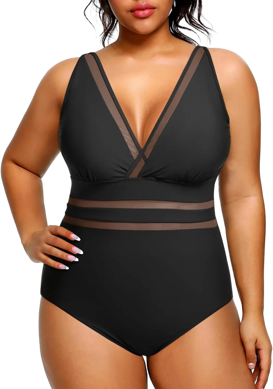 Daci Women Plus Size One Piece Swimsuits Sexy V Neck Bathing Suit Hollowed Out Swimwear