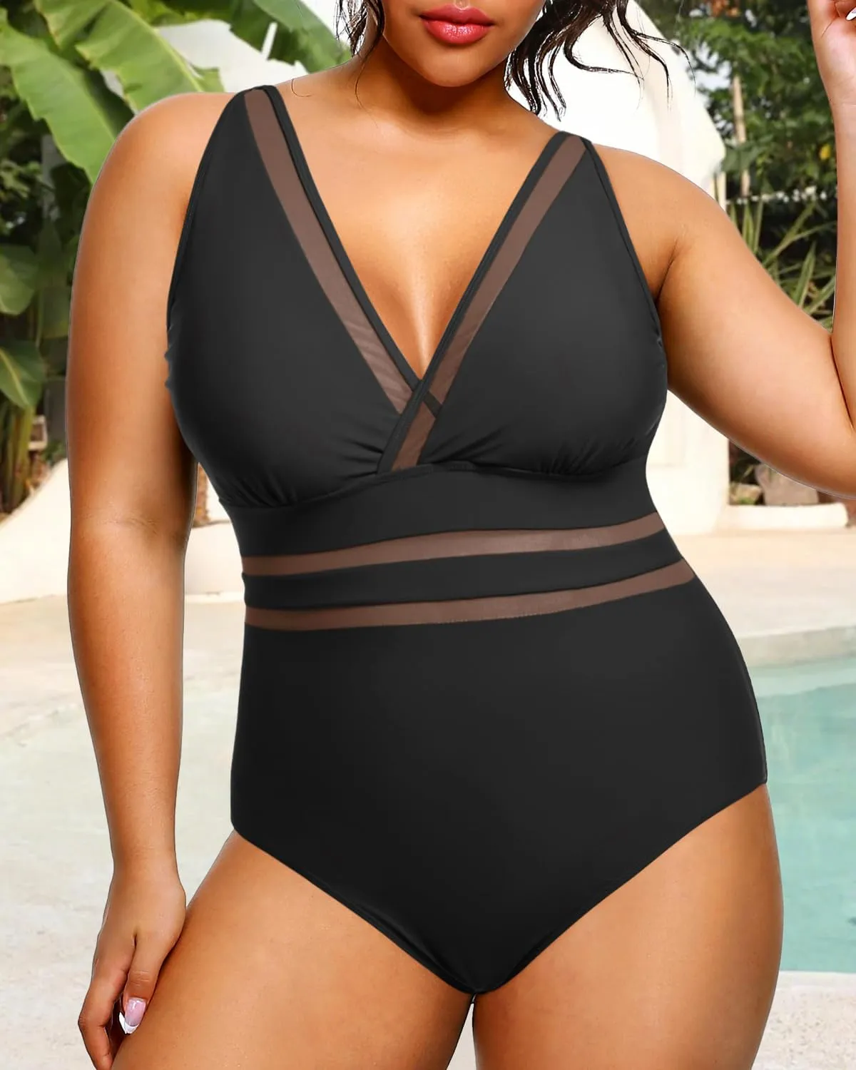 Daci Women Plus Size One Piece Swimsuits Sexy V Neck Bathing Suit Hollowed Out Swimwear