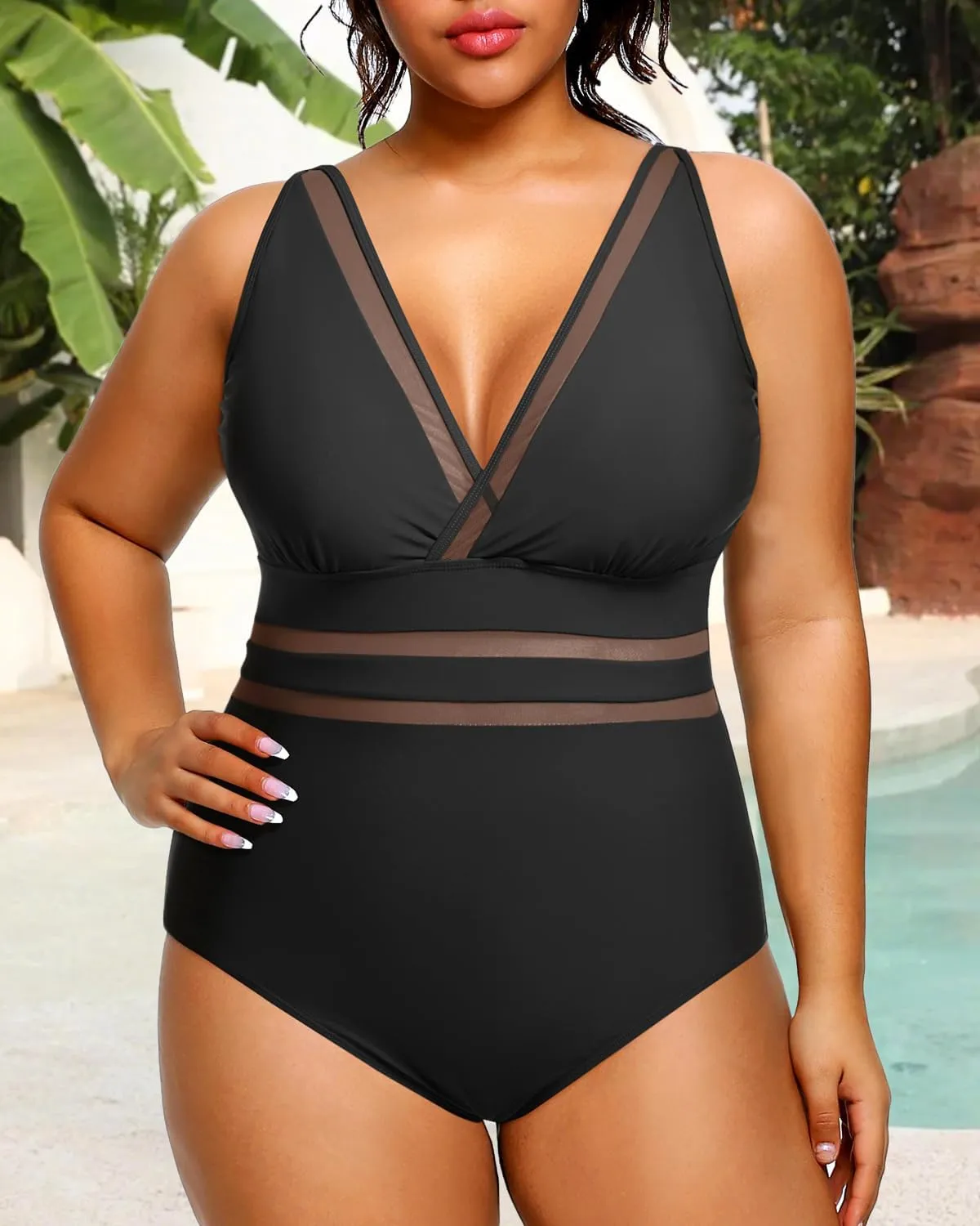 Daci Women Plus Size One Piece Swimsuits Sexy V Neck Bathing Suit Hollowed Out Swimwear