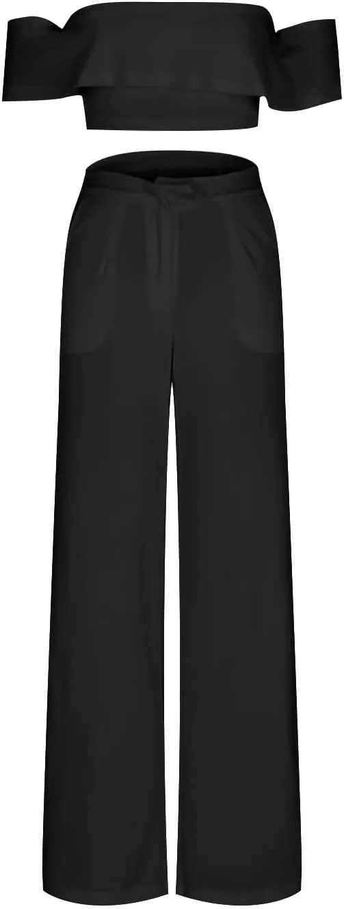 DDAPJ pyju Women's 2 Piece Outfits Y2K Sexy Ruffle Crop Tube Tops and High Waisted Pants Suit Elegant Party Clubwear