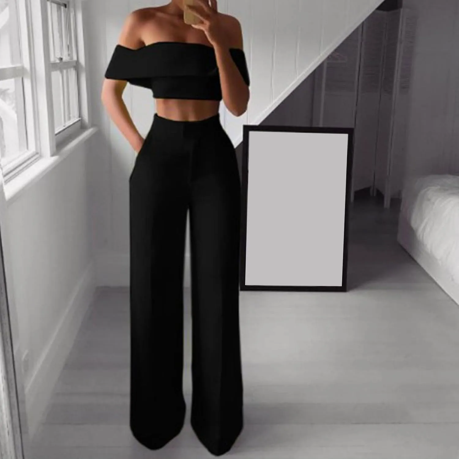 DDAPJ pyju Women's 2 Piece Outfits Y2K Sexy Ruffle Crop Tube Tops and High Waisted Pants Suit Elegant Party Clubwear