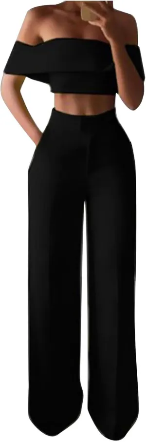 DDAPJ pyju Women's 2 Piece Outfits Y2K Sexy Ruffle Crop Tube Tops and High Waisted Pants Suit Elegant Party Clubwear