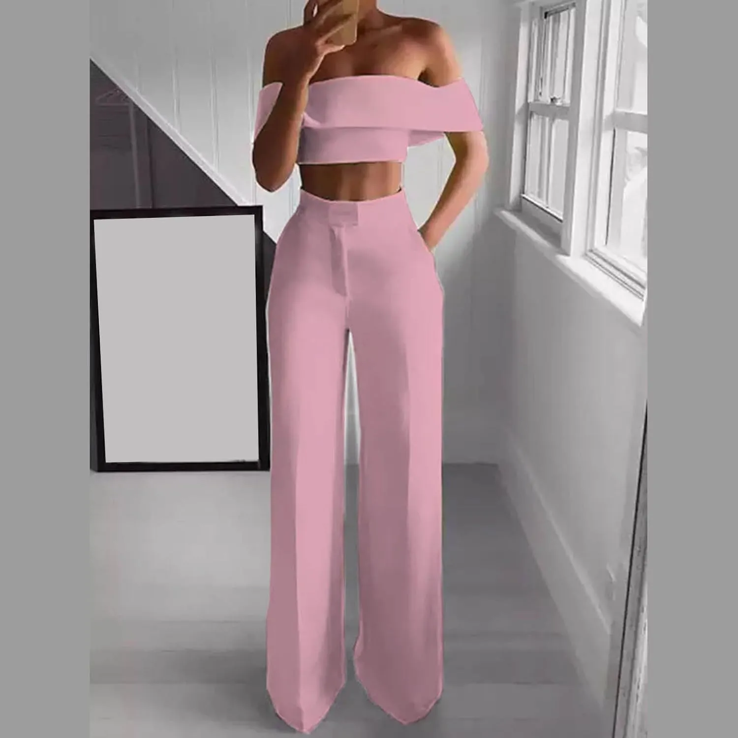 DDAPJ pyju Women's 2 Piece Outfits Y2K Sexy Ruffle Crop Tube Tops and High Waisted Pants Suit Elegant Party Clubwear