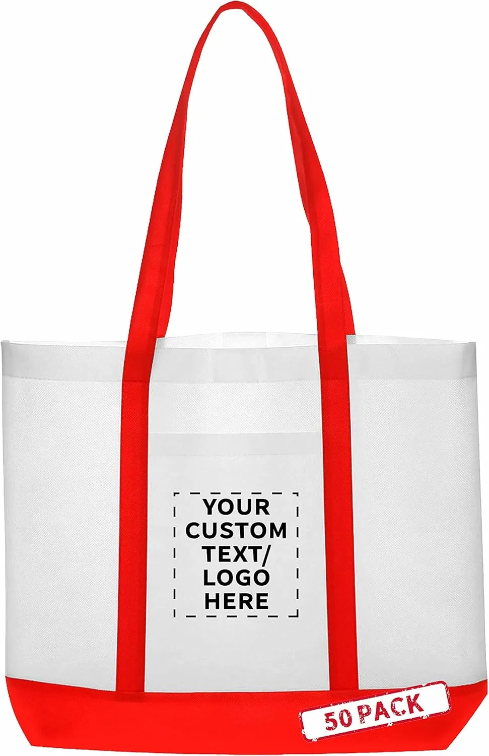 DISCOUNT PROMOS 50 Trim Color Non-Woven Tote Bags Set - Customizable Text, Logo - Durable, Water Resistant, Vibrant - Red - 18"X14"X3.5", Two tone, Front Pocket