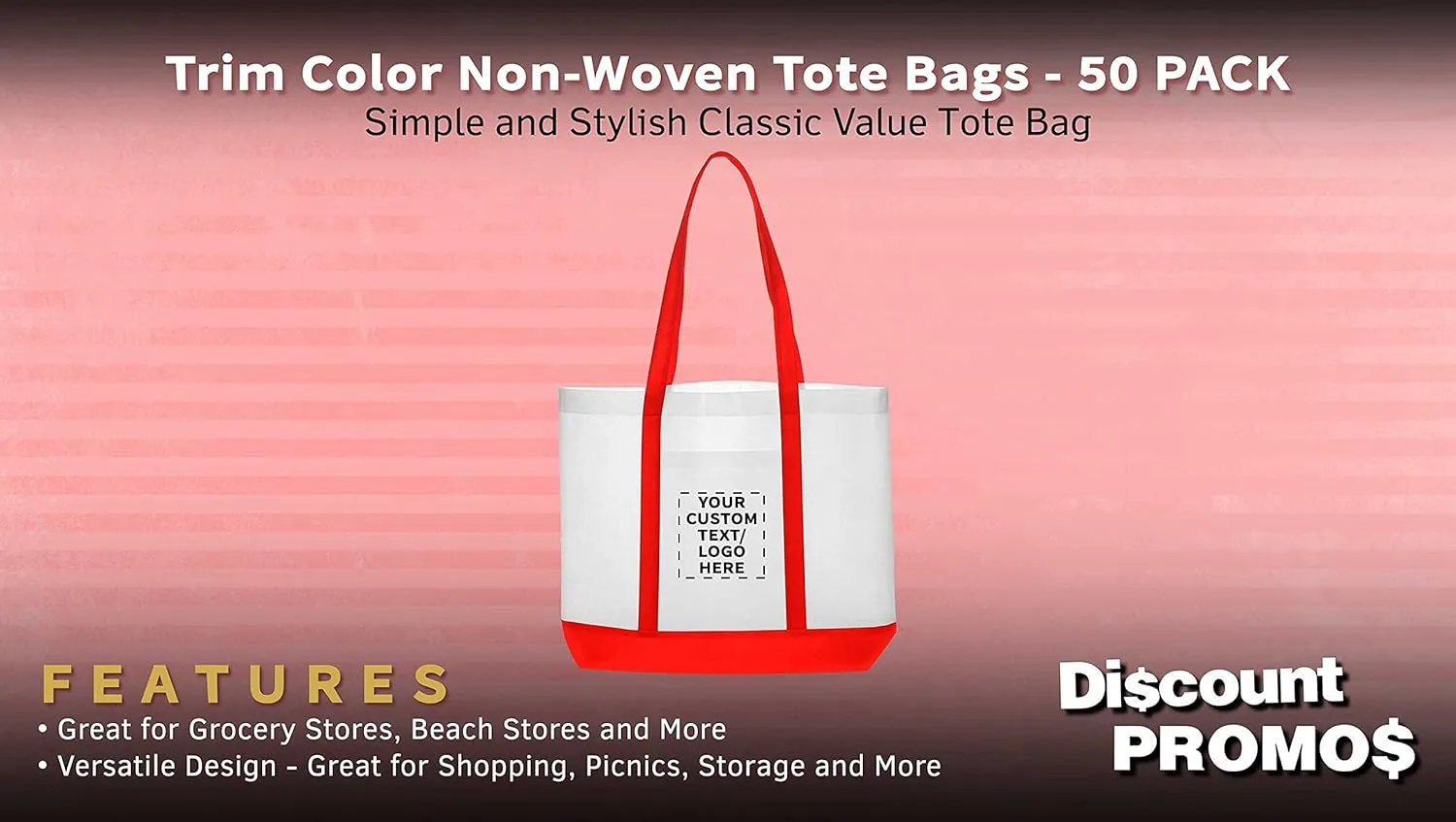 DISCOUNT PROMOS 50 Trim Color Non-Woven Tote Bags Set - Customizable Text, Logo - Durable, Water Resistant, Vibrant - Red - 18"X14"X3.5", Two tone, Front Pocket