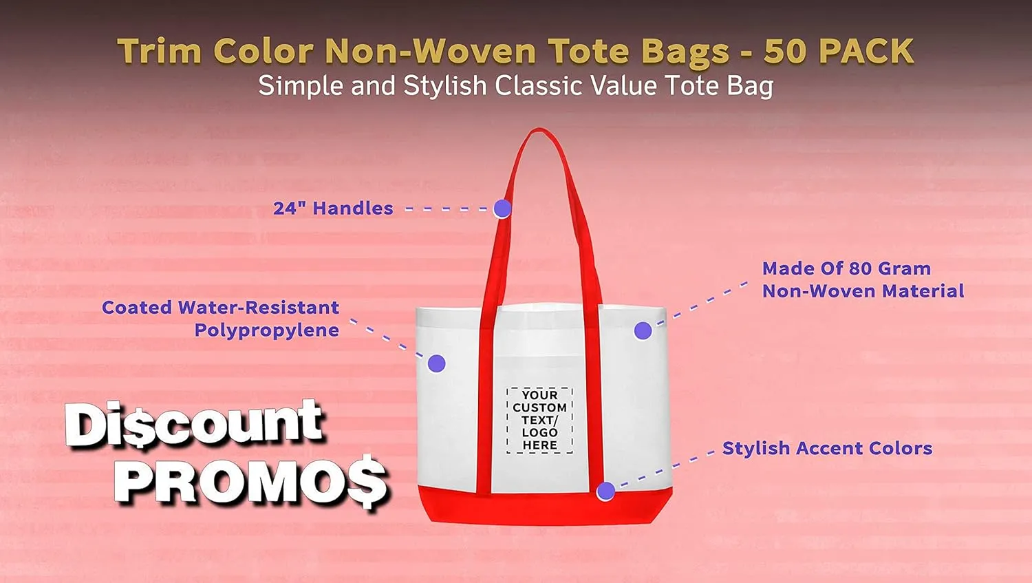 DISCOUNT PROMOS 50 Trim Color Non-Woven Tote Bags Set - Customizable Text, Logo - Durable, Water Resistant, Vibrant - Red - 18"X14"X3.5", Two tone, Front Pocket