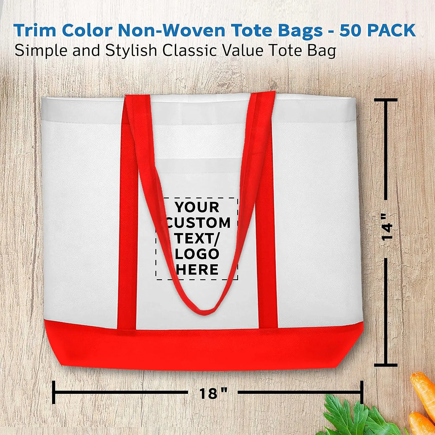 DISCOUNT PROMOS 50 Trim Color Non-Woven Tote Bags Set - Customizable Text, Logo - Durable, Water Resistant, Vibrant - Red - 18"X14"X3.5", Two tone, Front Pocket