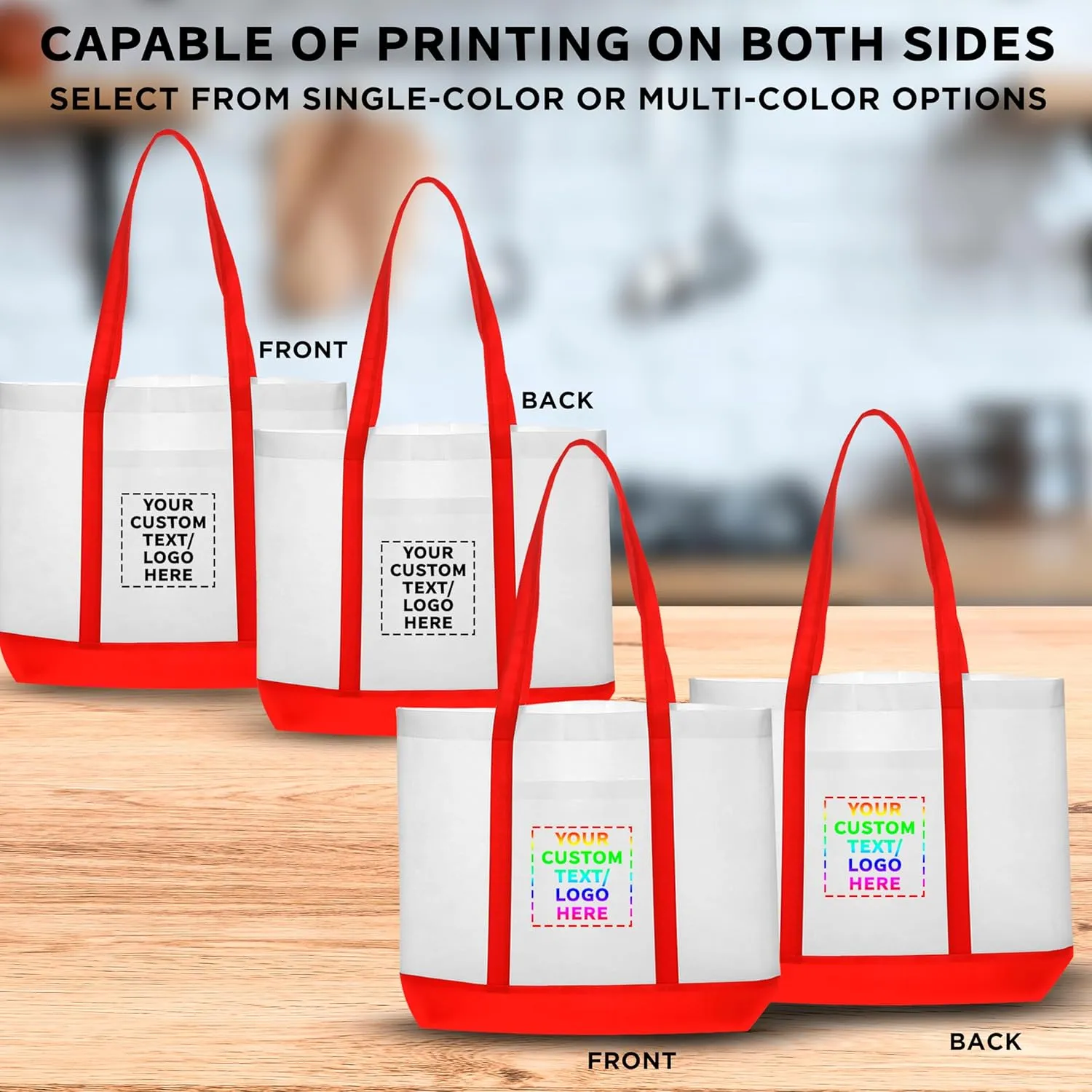 DISCOUNT PROMOS 50 Trim Color Non-Woven Tote Bags Set - Customizable Text, Logo - Durable, Water Resistant, Vibrant - Red - 18"X14"X3.5", Two tone, Front Pocket