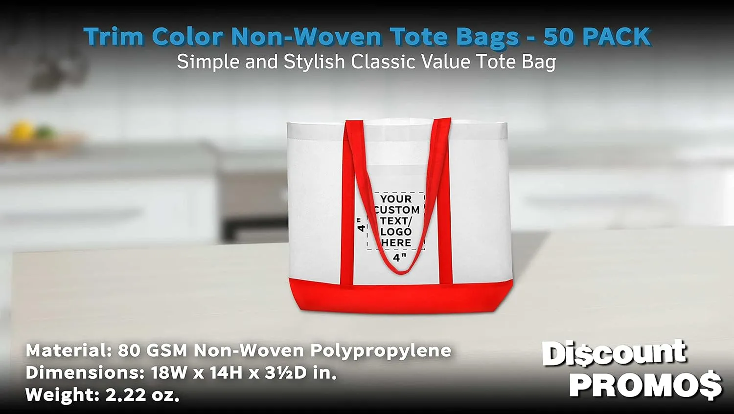 DISCOUNT PROMOS 50 Trim Color Non-Woven Tote Bags Set - Customizable Text, Logo - Durable, Water Resistant, Vibrant - Red - 18"X14"X3.5", Two tone, Front Pocket