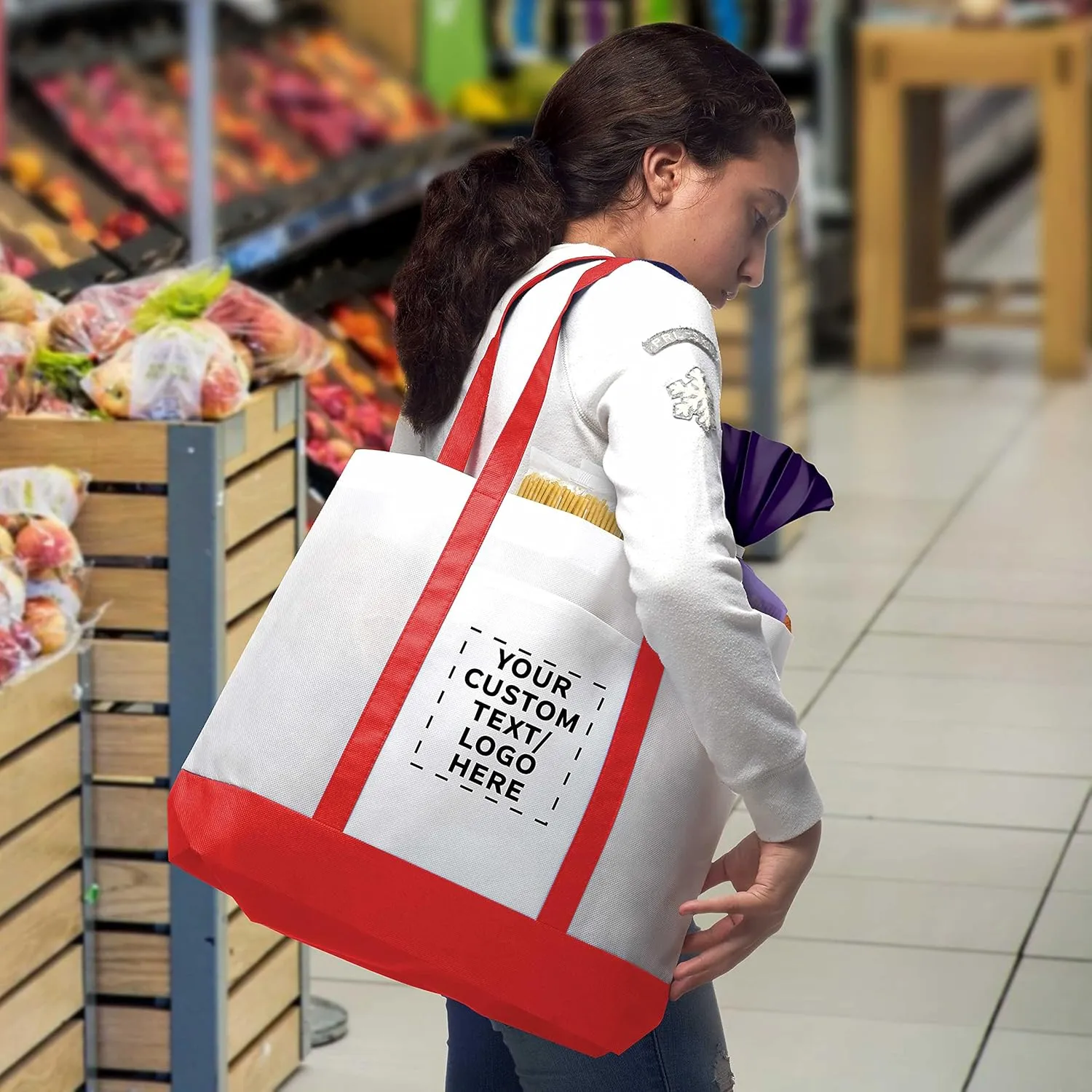 DISCOUNT PROMOS 50 Trim Color Non-Woven Tote Bags Set - Customizable Text, Logo - Durable, Water Resistant, Vibrant - Red - 18"X14"X3.5", Two tone, Front Pocket