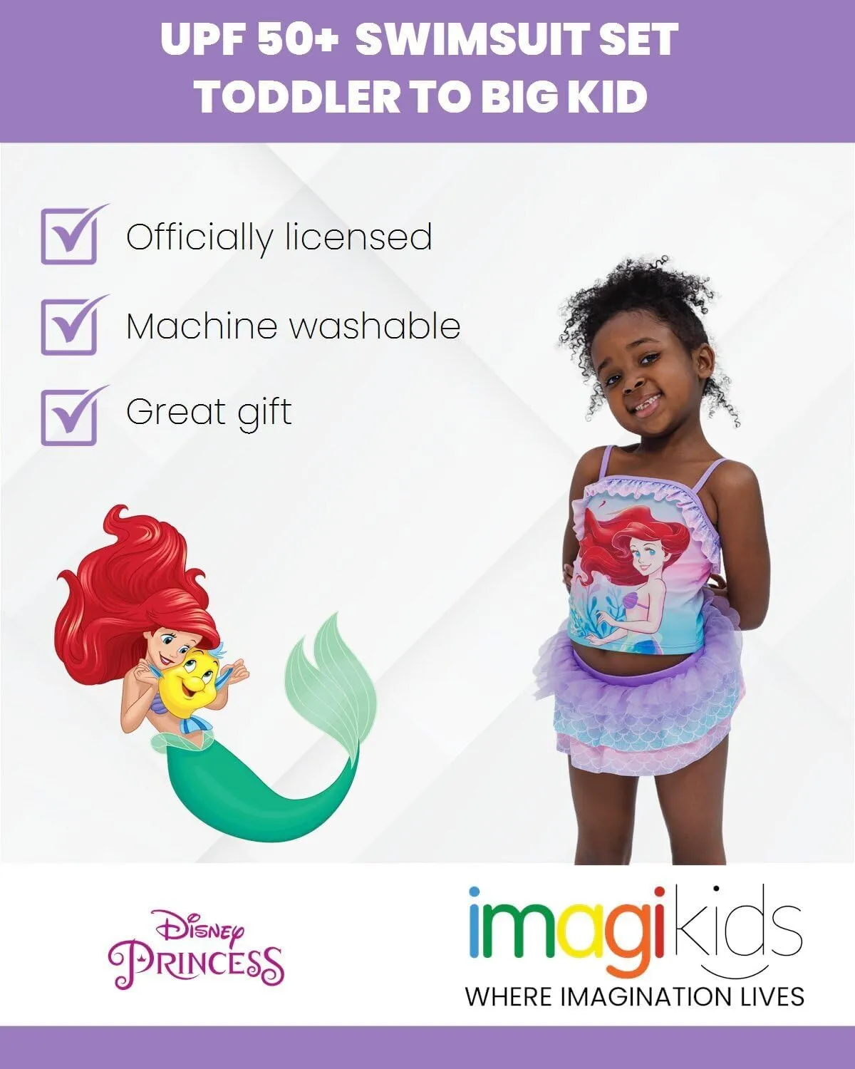 Disney Princess Girls UPF 50  Tankini Top and Swim Skirt Swimsuit Set Toddler to Big Kid Sizes (2T - 10-12)