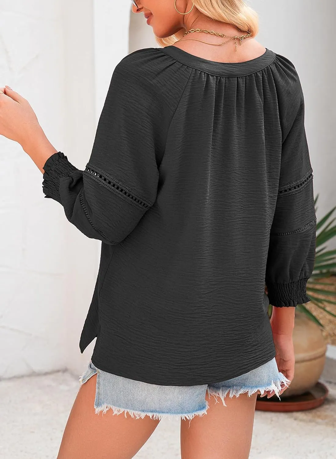 Dokotoo Womens Summer Tops 3/4 Lantern Sleeve Casual V-Neck T-Shirts Pleated Loose Tunic Hollow-Out Blouse