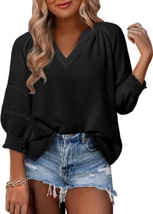 Dokotoo Womens Summer Tops 3/4 Lantern Sleeve Casual V-Neck T-Shirts Pleated Loose Tunic Hollow-Out Blouse