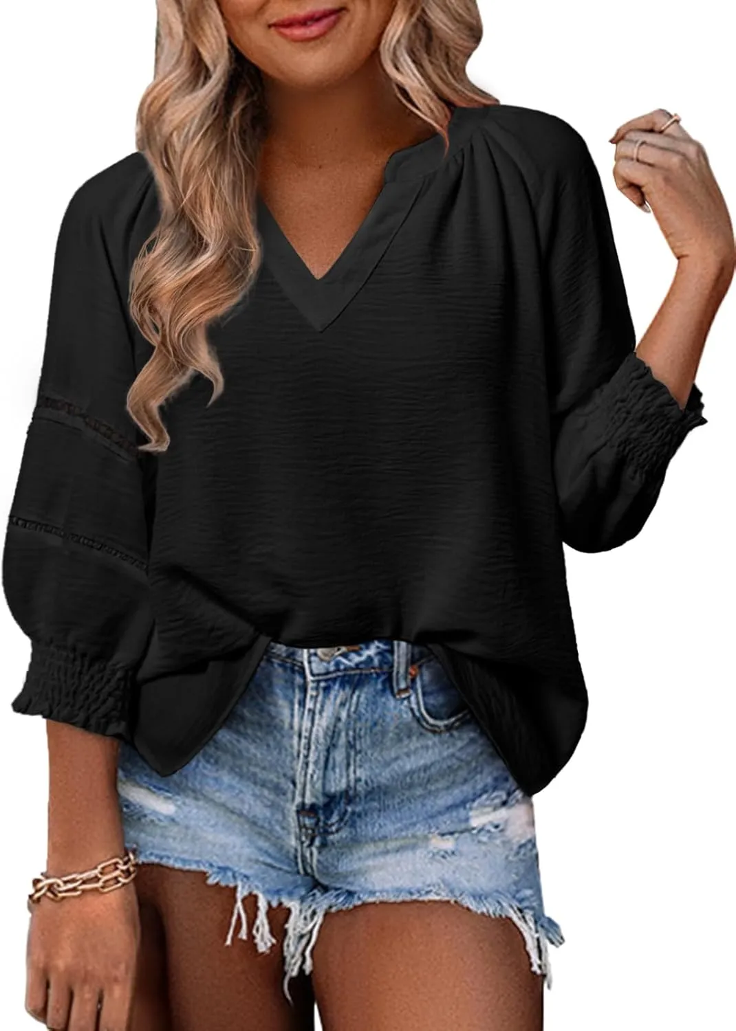 Dokotoo Womens Summer Tops 3/4 Lantern Sleeve Casual V-Neck T-Shirts Pleated Loose Tunic Hollow-Out Blouse