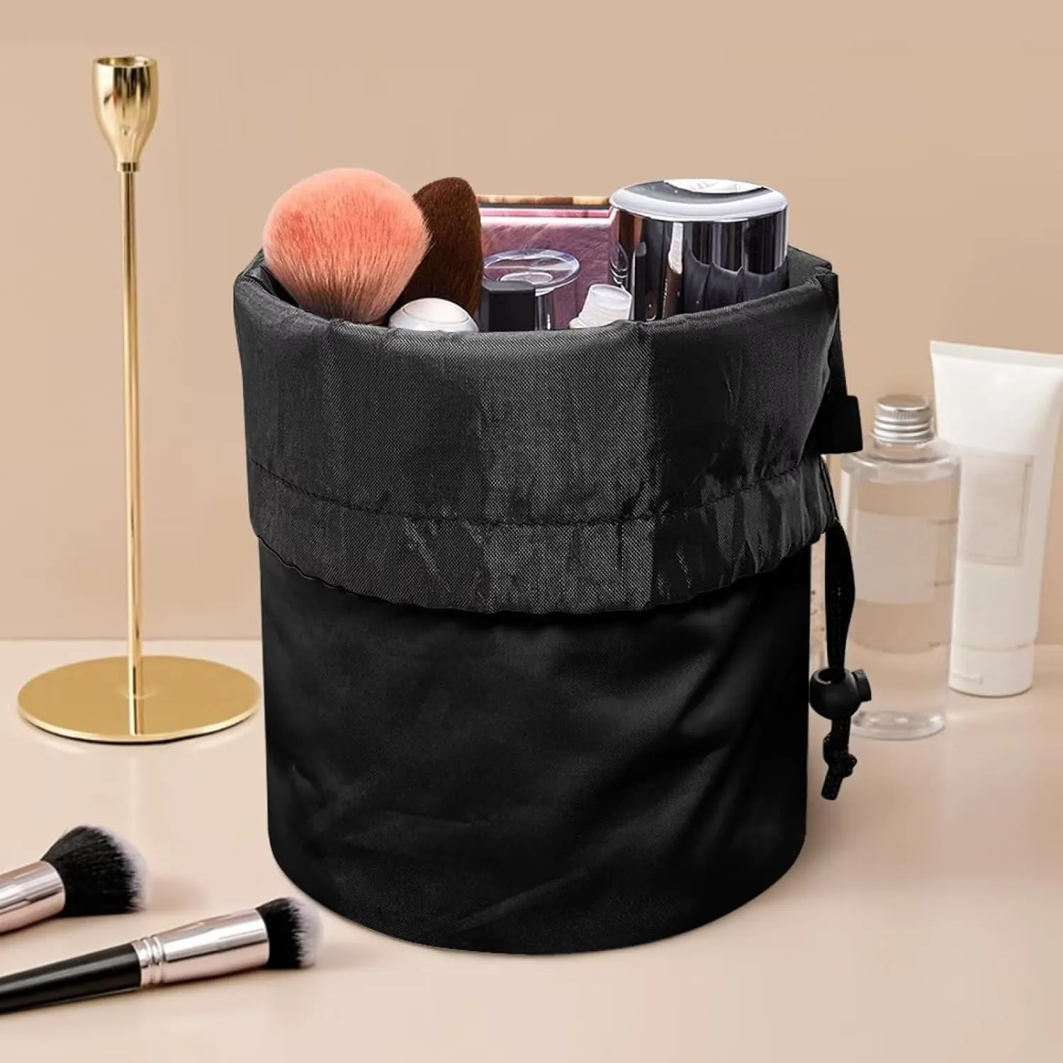 Dolyues Leopard Print Cosmetic Bag Barrel Makeup Bag for Women Portable Drawstring Toiletry Bag Soft Makeup Organizer Multifunctional Storage Pocket