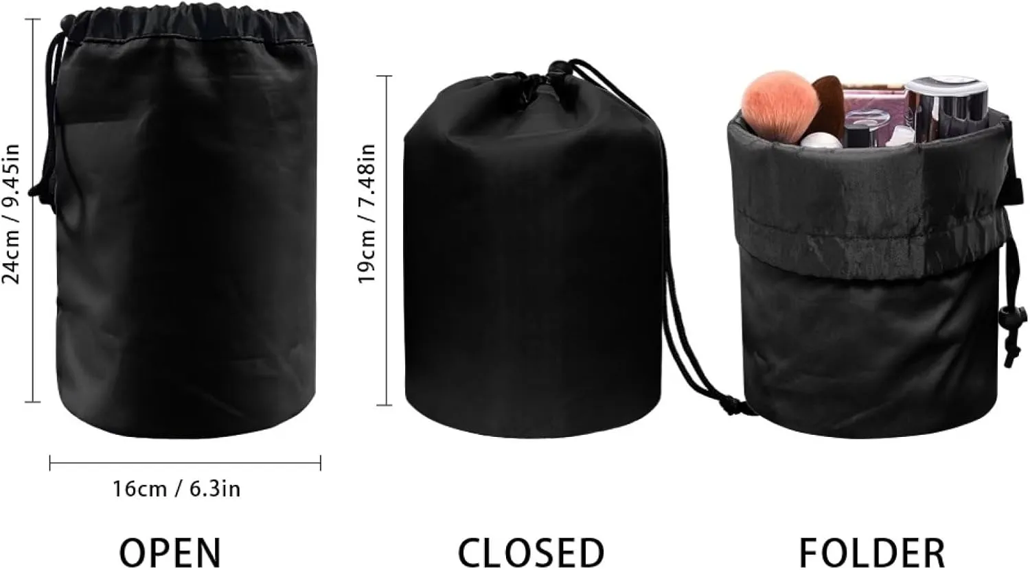 Dolyues Leopard Print Cosmetic Bag Barrel Makeup Bag for Women Portable Drawstring Toiletry Bag Soft Makeup Organizer Multifunctional Storage Pocket