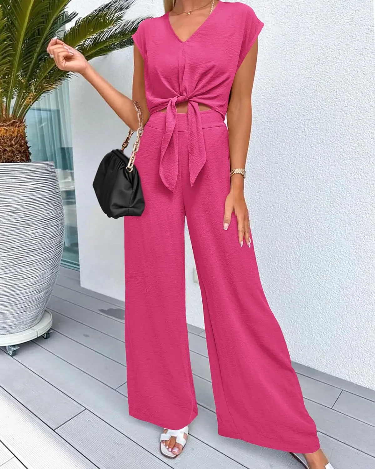 dowerme Women's Summer 2 Piece Outfits Cap Sleeve Strappy Crop Top Wide Leg Pant Sets Casual Tracksuit Lounge Wear 2025