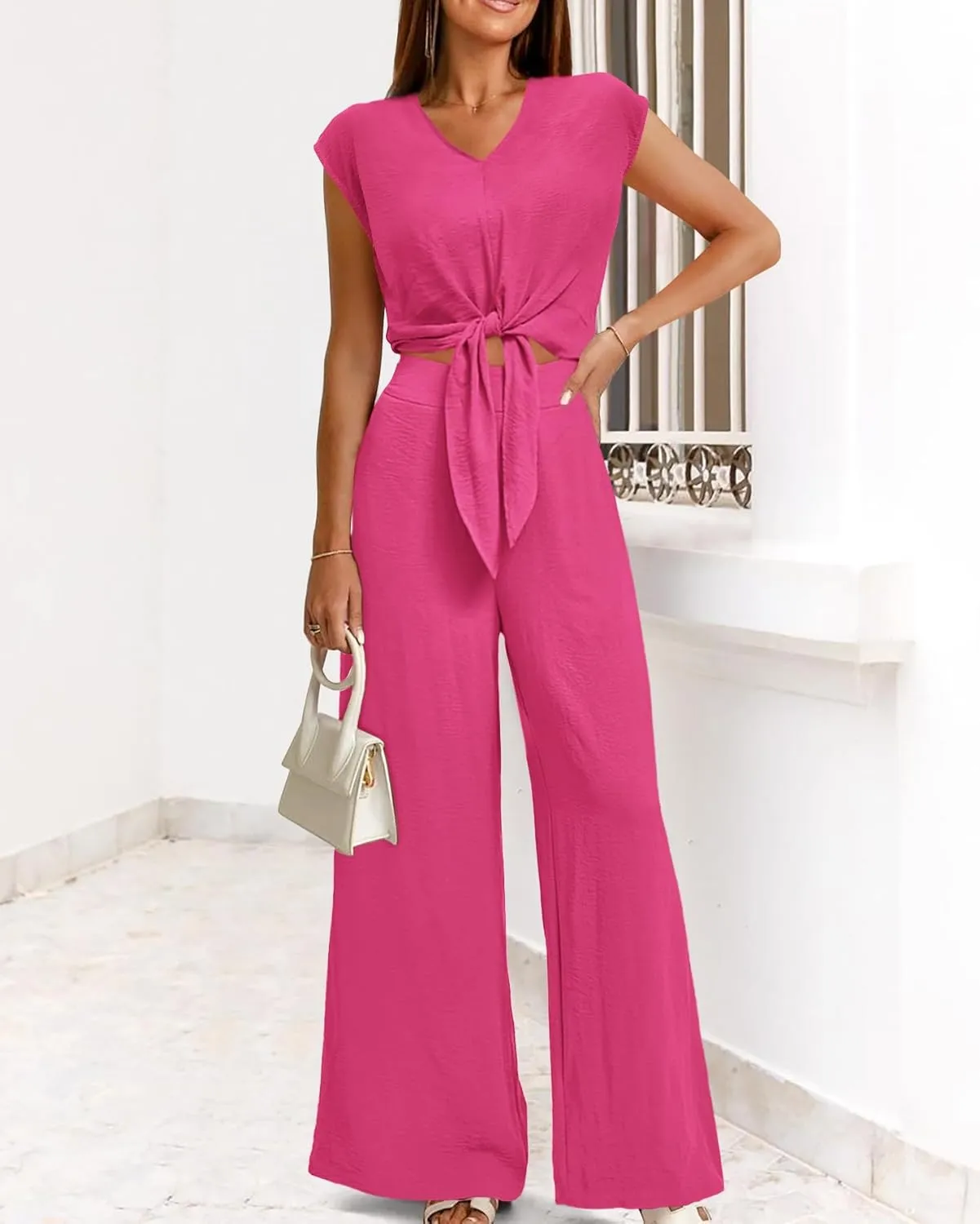 dowerme Women's Summer 2 Piece Outfits Cap Sleeve Strappy Crop Top Wide Leg Pant Sets Casual Tracksuit Lounge Wear 2025