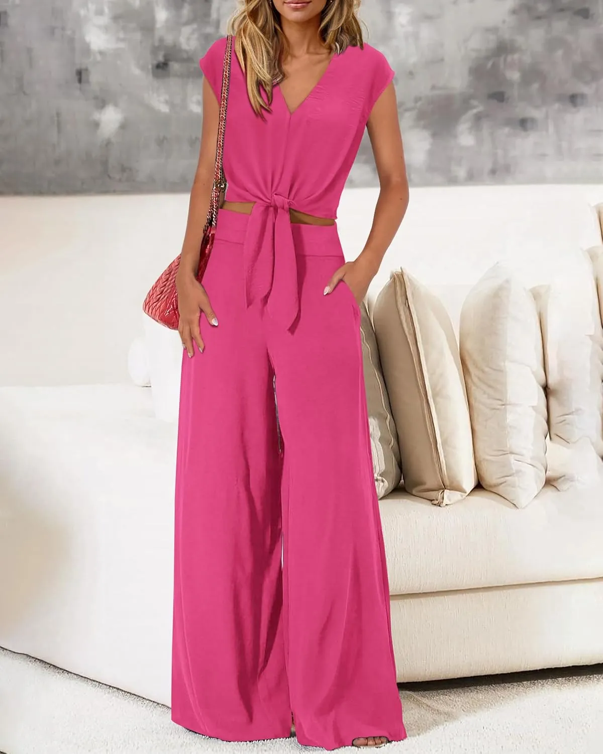 dowerme Women's Summer 2 Piece Outfits Cap Sleeve Strappy Crop Top Wide Leg Pant Sets Casual Tracksuit Lounge Wear 2025