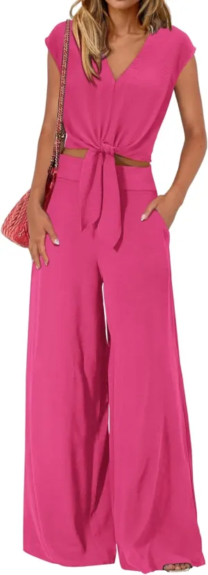 dowerme Women's Summer 2 Piece Outfits Cap Sleeve Strappy Crop Top Wide Leg Pant Sets Casual Tracksuit Lounge Wear 2025