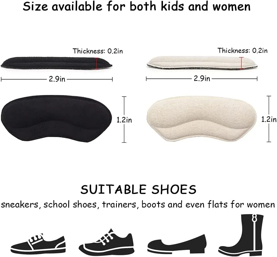 Dr. Foots Heel Grips for Kids and Women, Self-Adhesive Heel Cushion Inserts for Girls and Boys Prevent Heel Slipping, Rubbing, Blisters, Foot Pain - 4pairs (Beige Black)