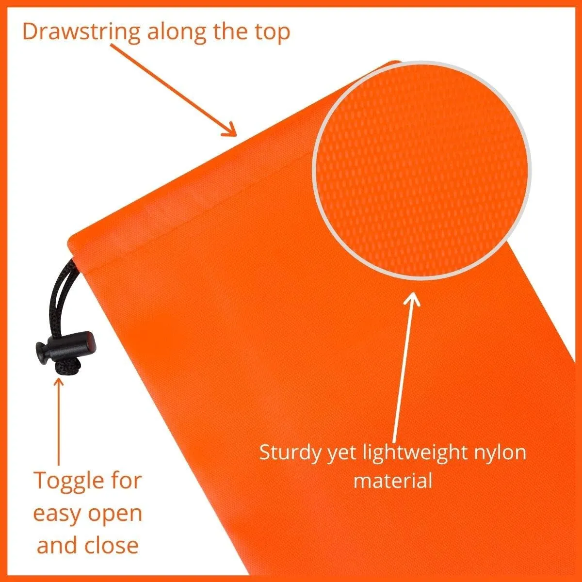 Drawstring Bag - Nylon Cinch and Ditty Stuff Pouch with Toggle (7 x 9-12 pack, Orange)