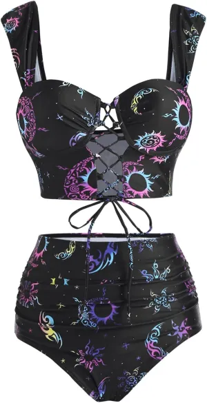 DRESSFO Bikini Set for Women Two Piece Bathing Suit High Waisted Bikini Gothic Sun and Moon Tummy Control Swimsuits
