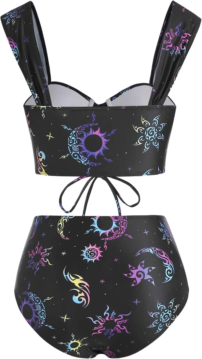 DRESSFO Bikini Set for Women Two Piece Bathing Suit High Waisted Bikini Gothic Sun and Moon Tummy Control Swimsuits