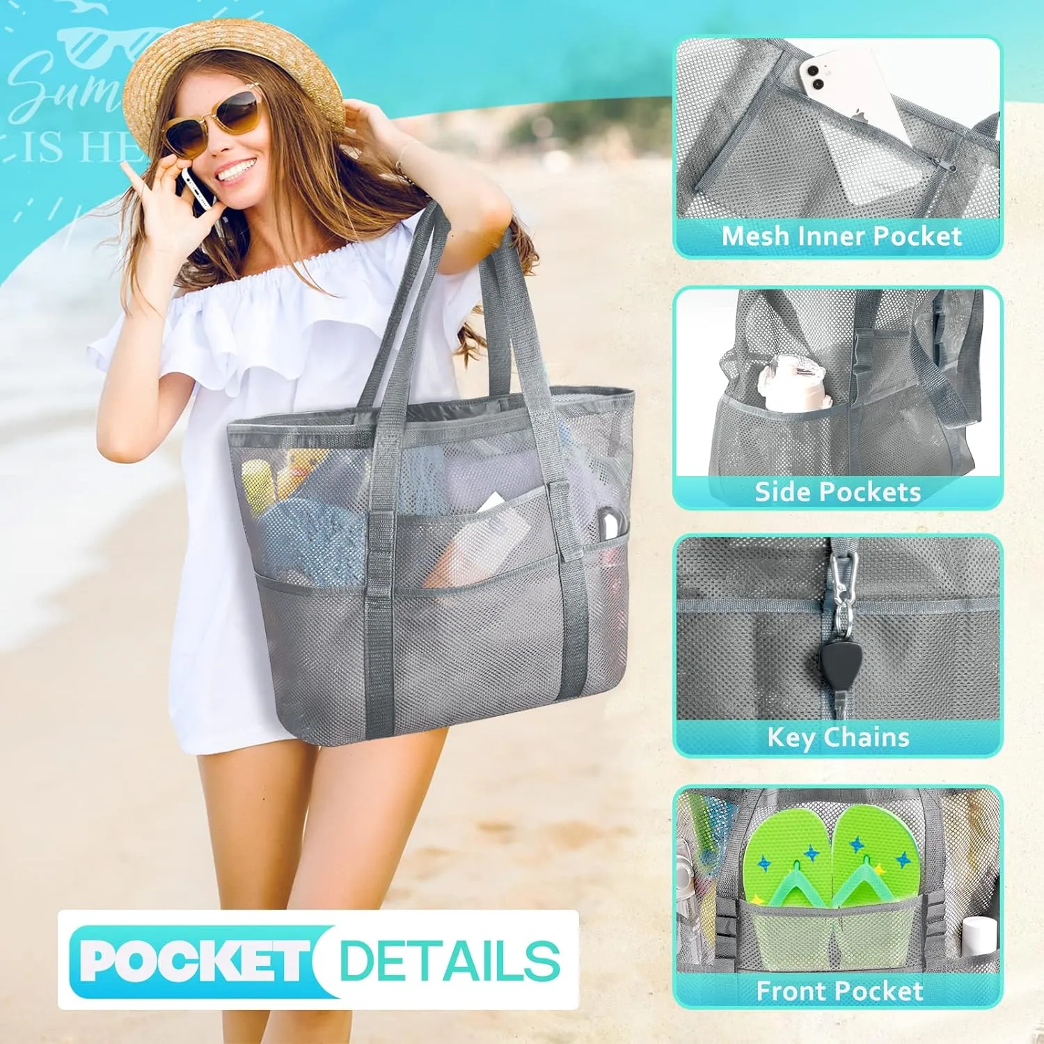 EASYFUN Beach Bag Large Mesh Beach Bag Lightweight Beach Tote with 9 Pockets Foldable Beach Accessories
