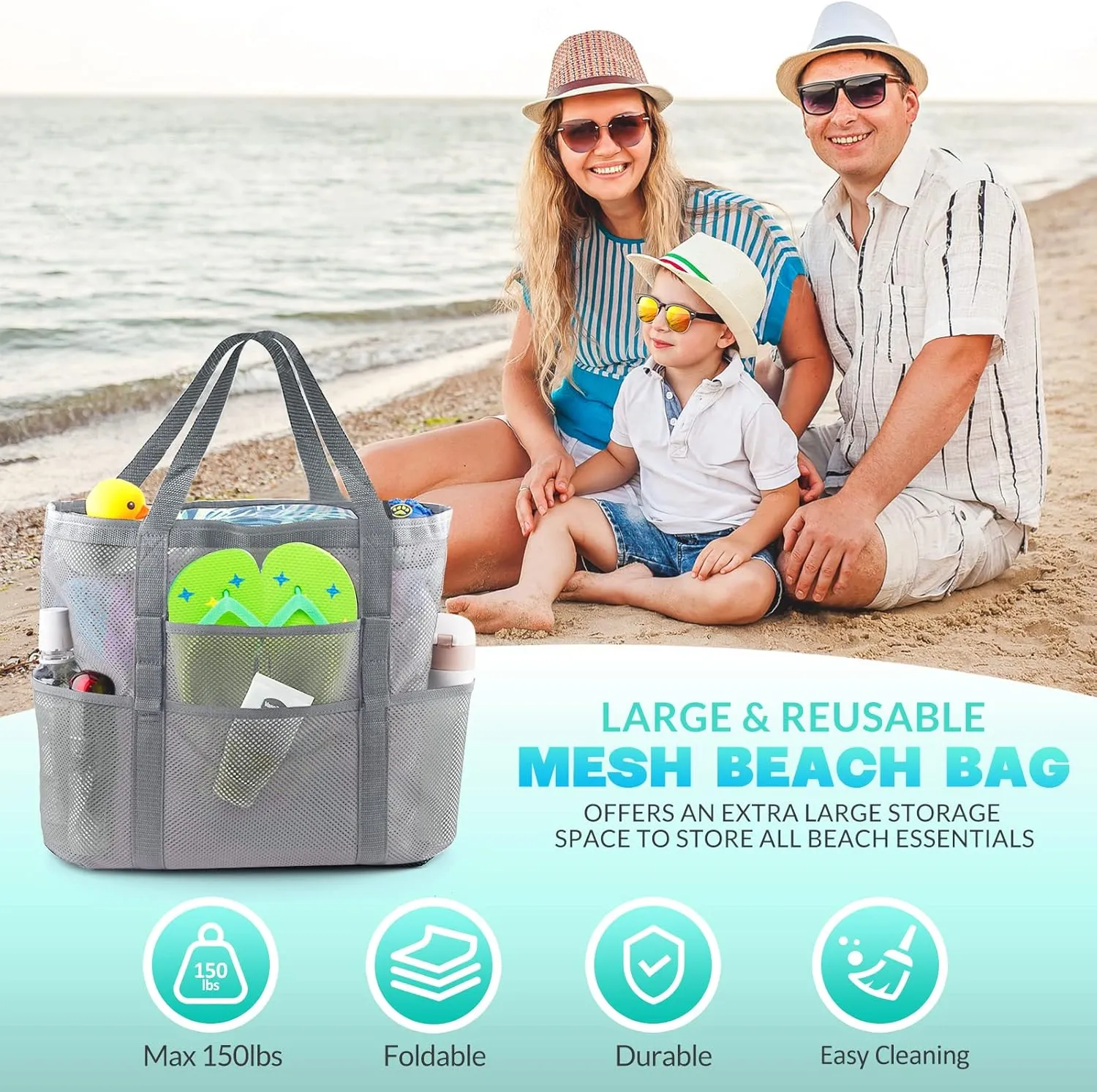 EASYFUN Beach Bag Large Mesh Beach Bag Lightweight Beach Tote with 9 Pockets Foldable Beach Accessories