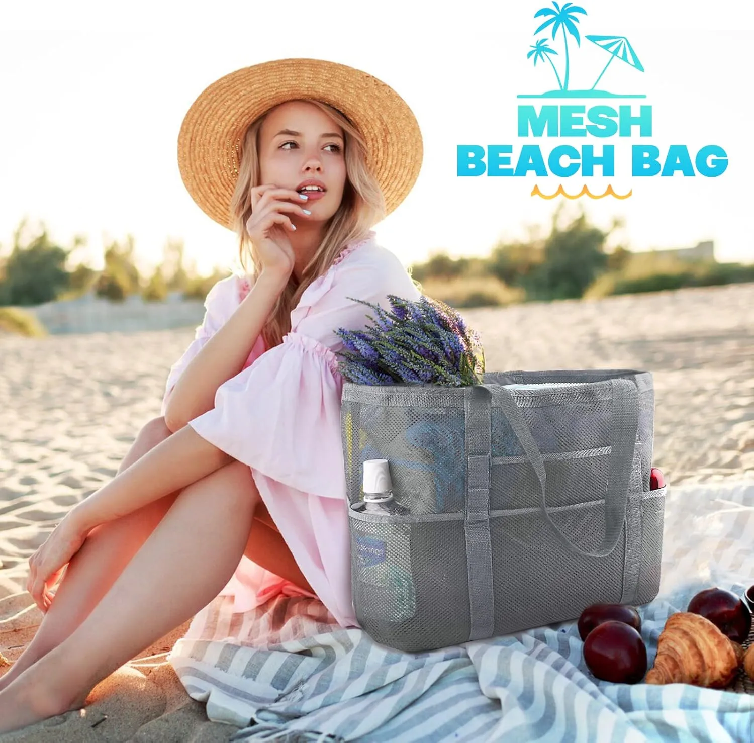 EASYFUN Beach Bag Large Mesh Beach Bag Lightweight Beach Tote with 9 Pockets Foldable Beach Accessories