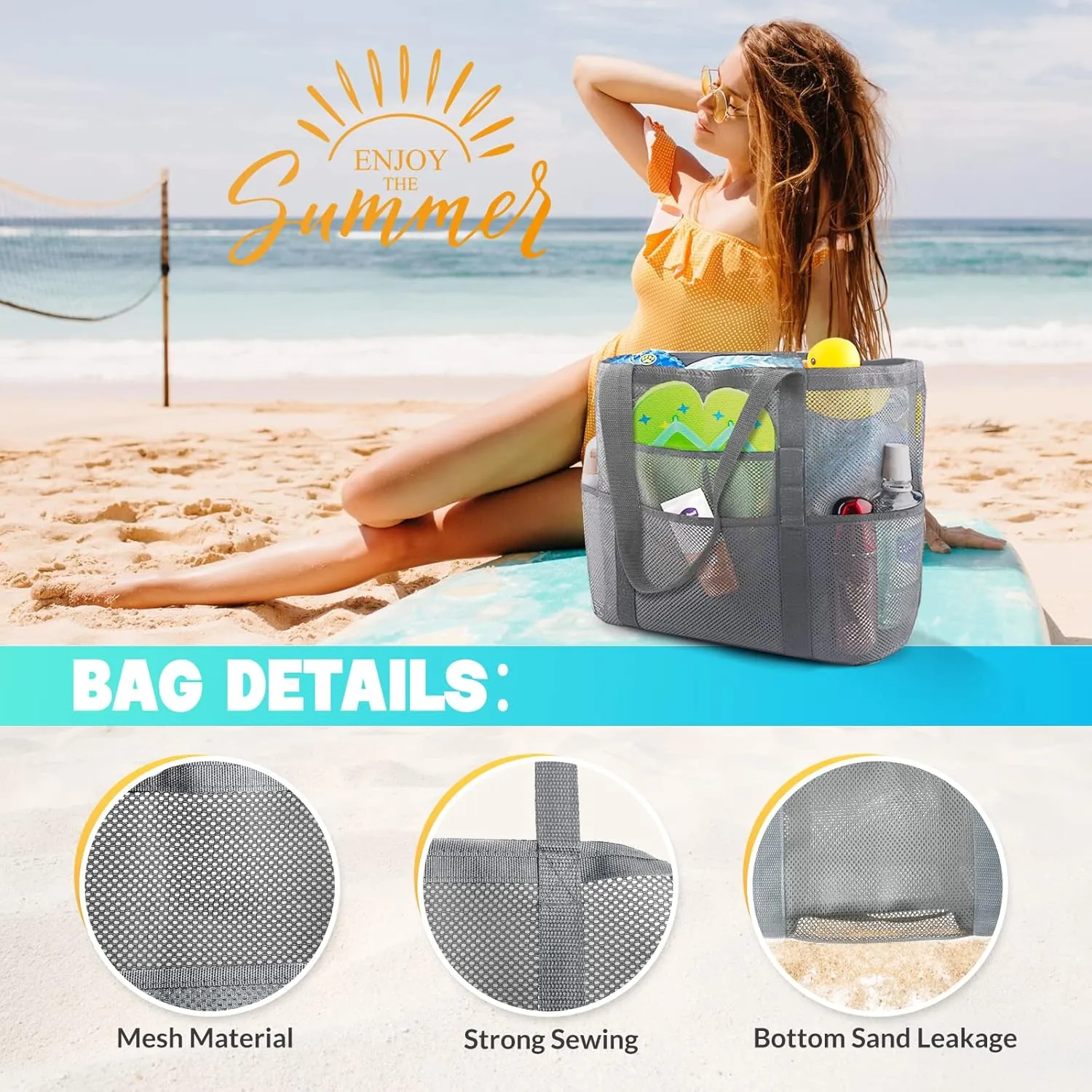 EASYFUN Beach Bag Large Mesh Beach Bag Lightweight Beach Tote with 9 Pockets Foldable Beach Accessories