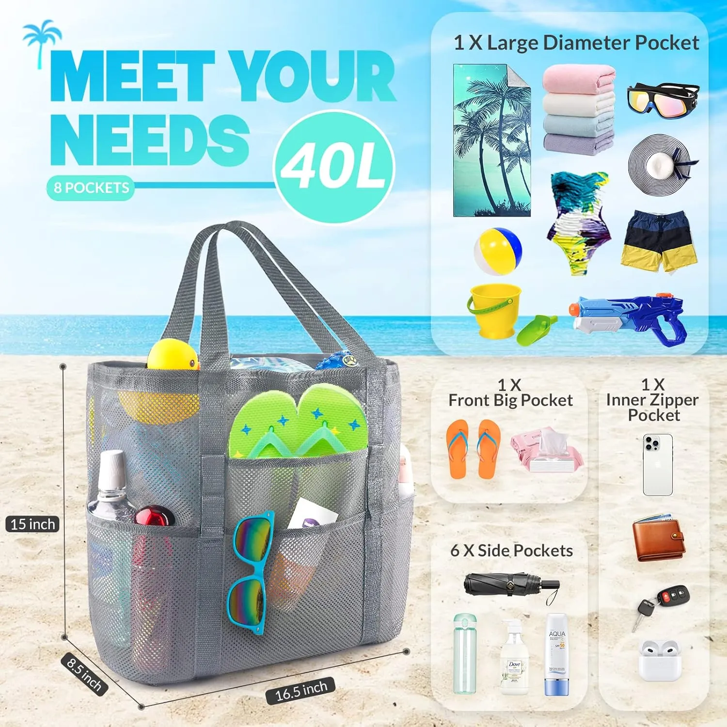 EASYFUN Beach Bag Large Mesh Beach Bag Lightweight Beach Tote with 9 Pockets Foldable Beach Accessories