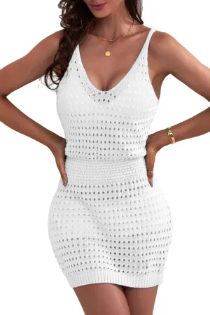 Ecolley Womens Swimwear Bikini Cover Ups Summer Beach Spaghetti Strap Dresses Knit Bathing Suit Crochet Hollow Out V Neck