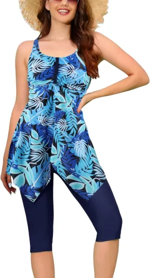 ECUPPER Women Plus Size Tankini Swimsuits Two Piece Swim Dress Modest Skirted Bathing Suit Flowy Swim Top with Capris Shorts
