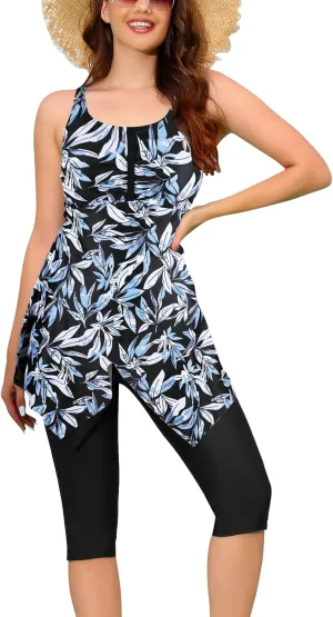 ECUPPER Women Plus Size Tankini Swimsuits Two Piece Swim Dress Modest Skirted Bathing Suit Flowy Swim Top with Capris Shorts