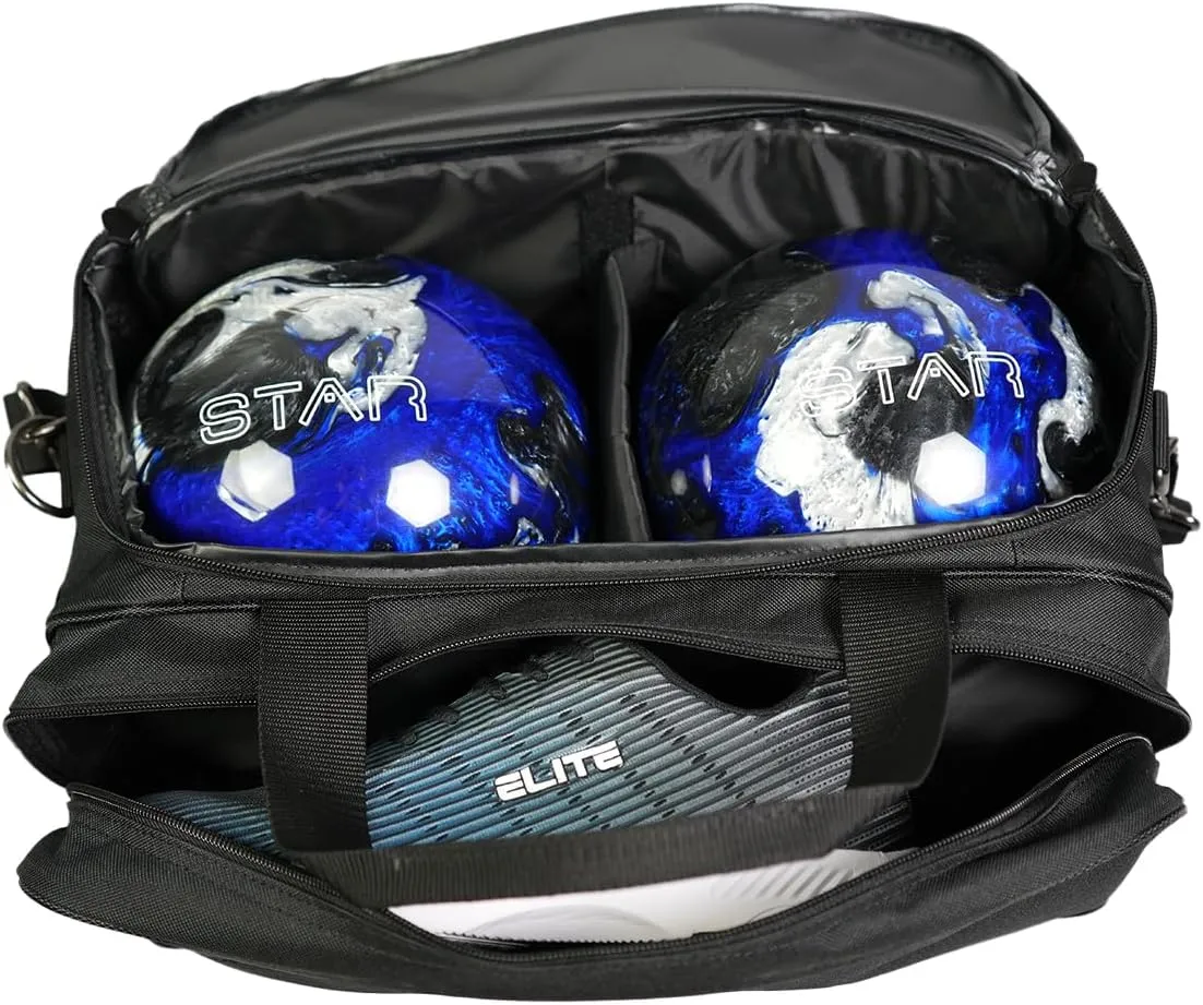 ELITE Deluxe 2 Ball Plus Double Tote Bowling Bag with Shoe Storage Pocket