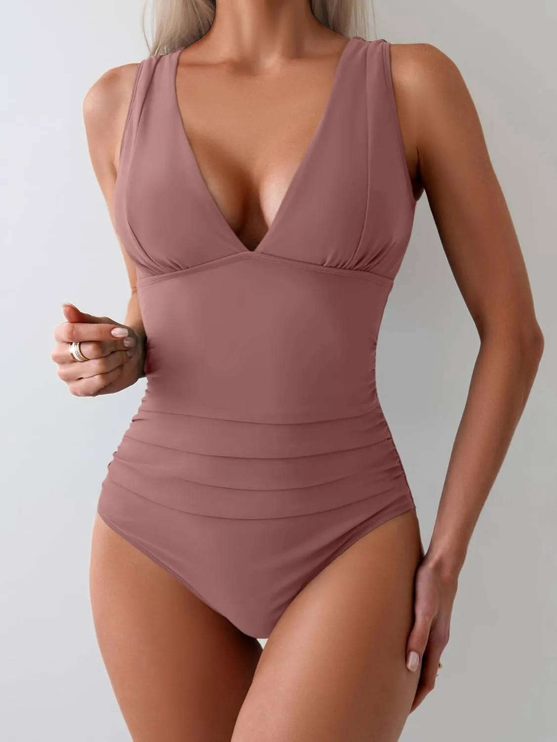 Eomenie One Piece Swimsuit for Women Tummy Control Plunge V Neck Bathing Suit Slimming Wide Straps Swimwear