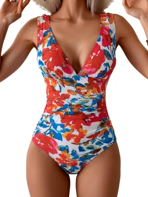 Eomenie One Piece Swimsuit for Women Tummy Control Plunge V Neck Bathing Suit Slimming Wide Straps Swimwear