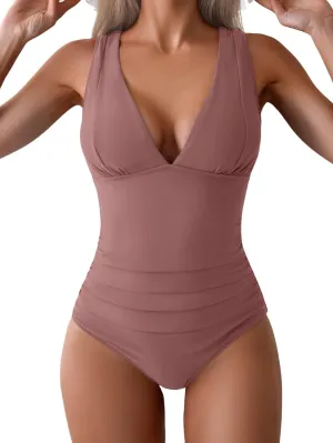 Eomenie One Piece Swimsuit for Women Tummy Control Plunge V Neck Bathing Suit Slimming Wide Straps Swimwear