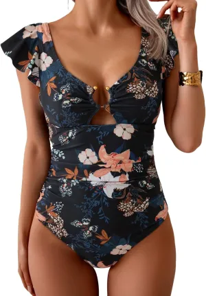 Eomenie Women's One Piece Swimsuit Tummy Control Bathing Suit Cutout Ruffle Slimming Swim Suit