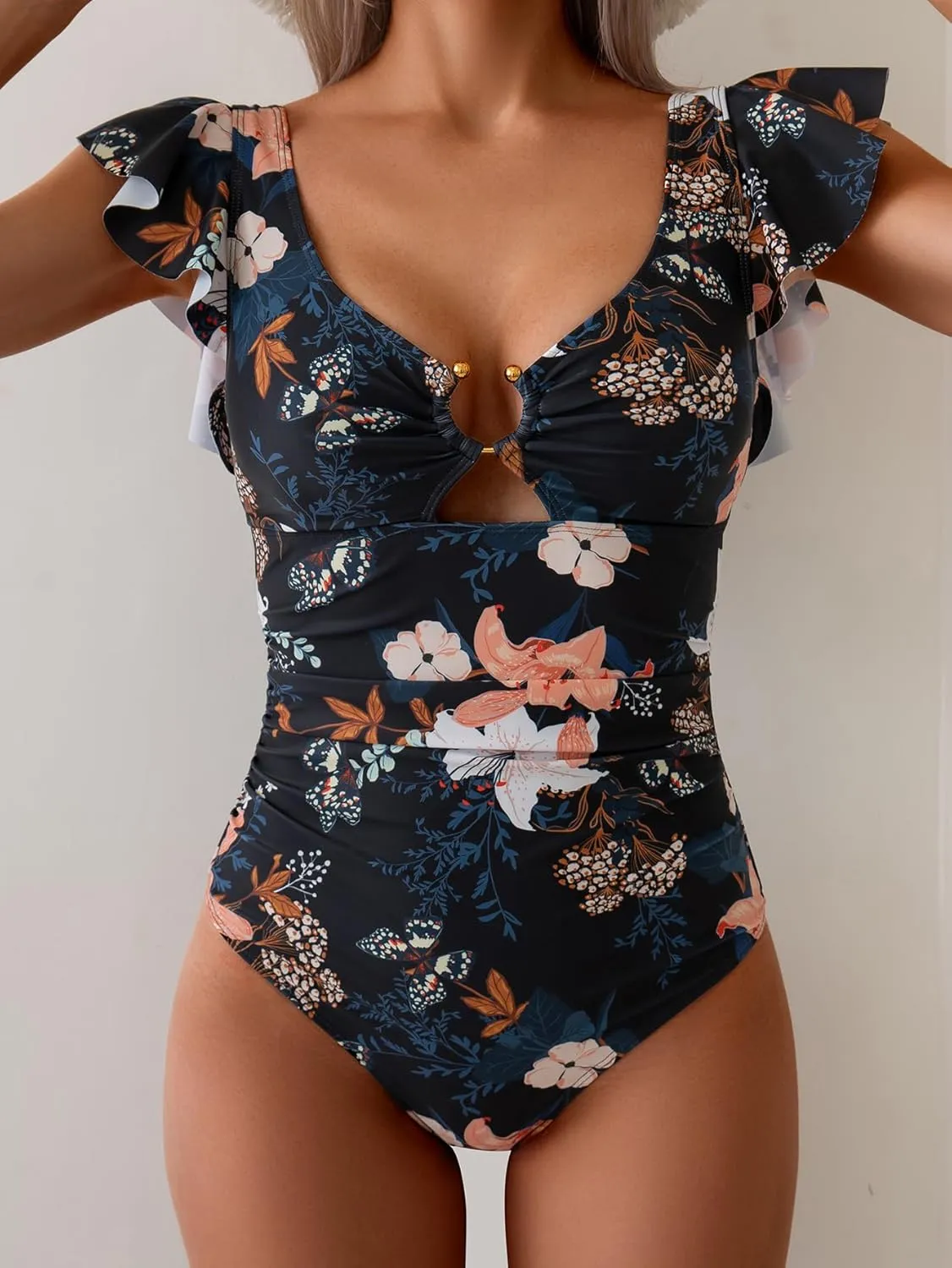 Eomenie Women's One Piece Swimsuit Tummy Control Bathing Suit Cutout Ruffle Slimming Swim Suit
