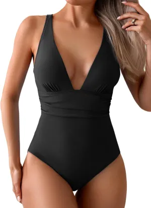 Eomenie Women's One Piece Swimsuit Tummy Control Bathing Suit V Neck Slimming 1 Piece Swimwear