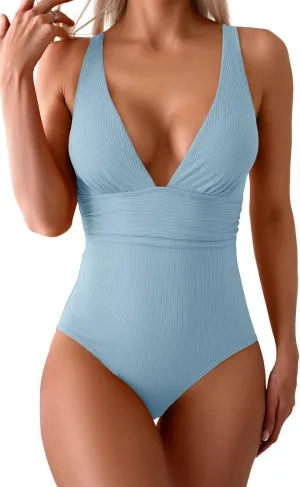 Eomenie Women's One Piece Swimsuit Tummy Control Bathing Suit V Neck Slimming 1 Piece Swimwear