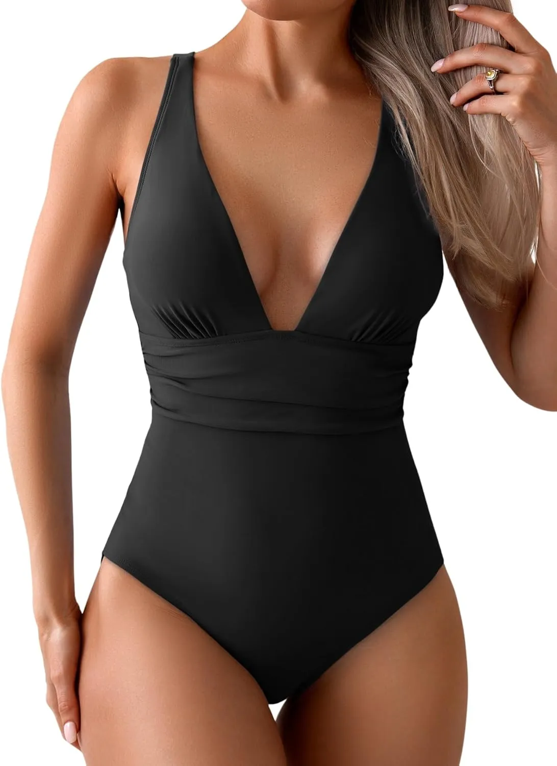 Eomenie Women's One Piece Swimsuit Tummy Control Bathing Suit V Neck Slimming 1 Piece Swimwear