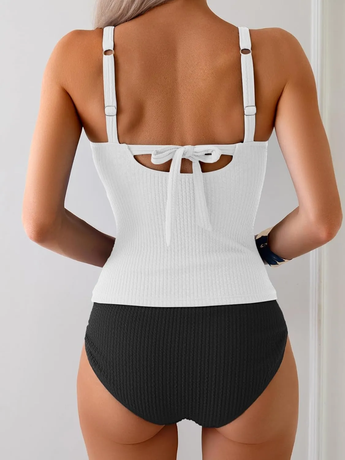 Eomenie Women's Tankini Swimsuits Ribbed Tummy Control Two Piece Bathing Suits Tie Back High Waisted Swimwear