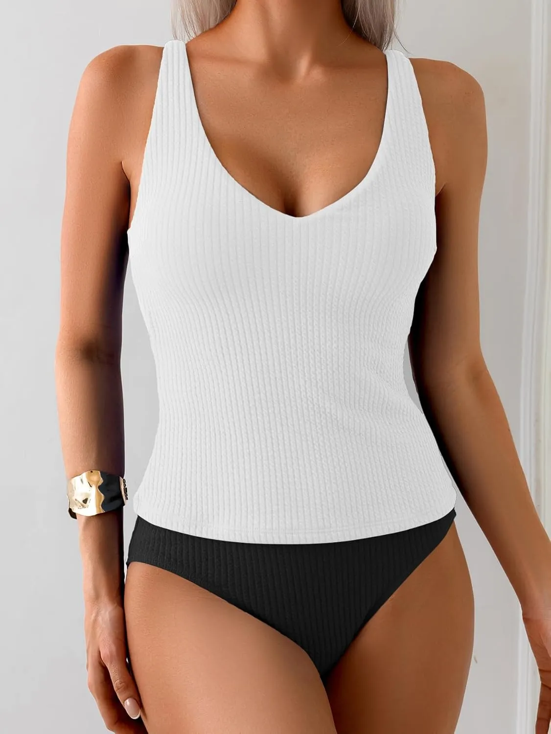Eomenie Women's Tankini Swimsuits Ribbed Tummy Control Two Piece Bathing Suits Tie Back High Waisted Swimwear
